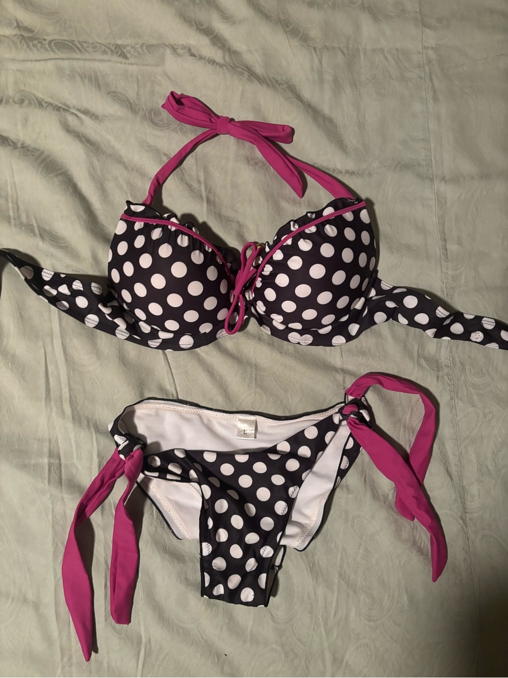 Women’s Push-up Black & White Polka Dot Bikini with Pink Ties